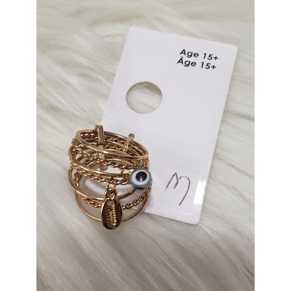 NEW SIZE 6 STACKED set of 6 EVIL EYE gold tone‎ rings nautical beach tropical